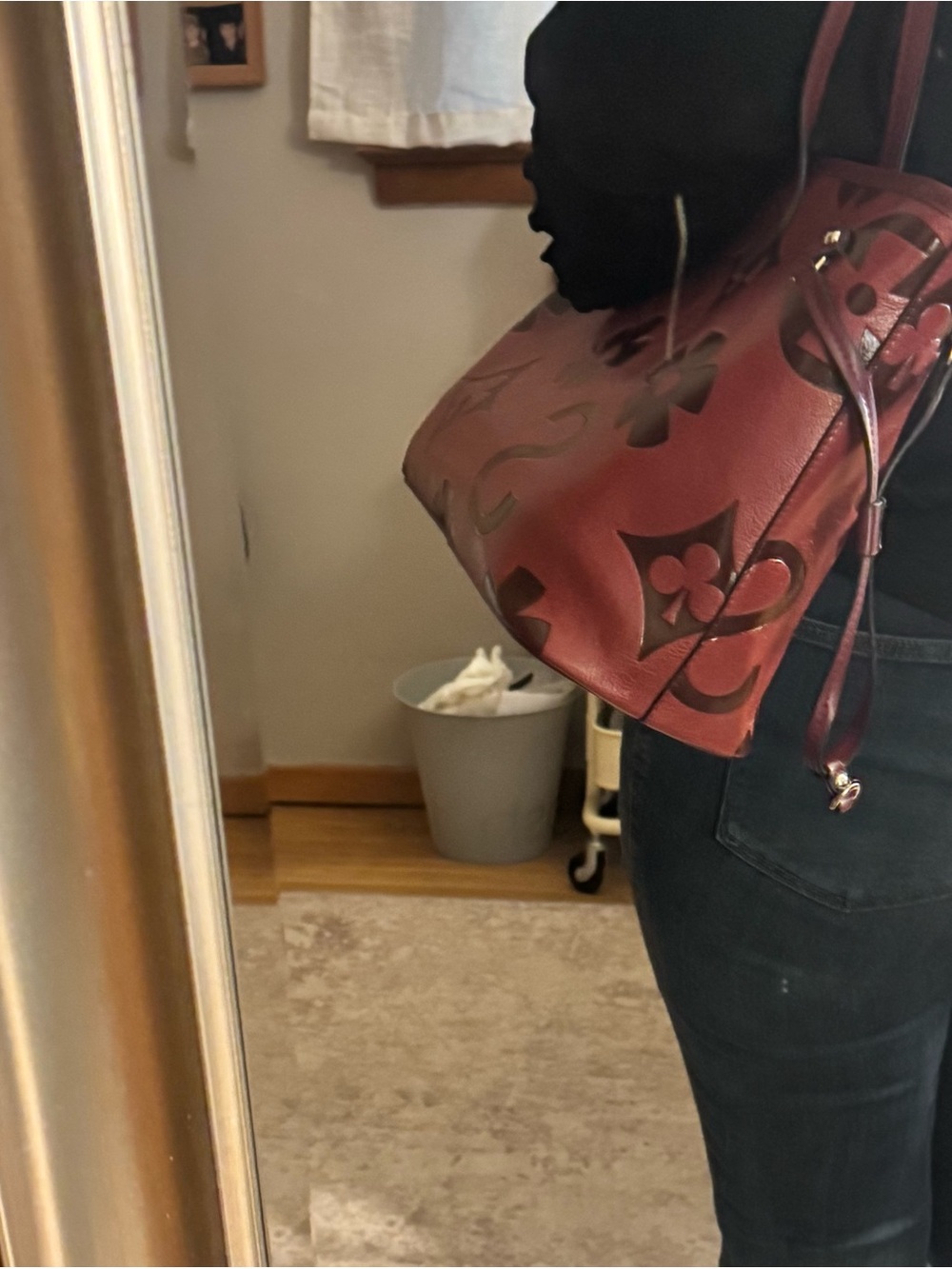 Red Embossed Floral Vegan Leather Tote with Contrast Accents - Picture 16 of 17